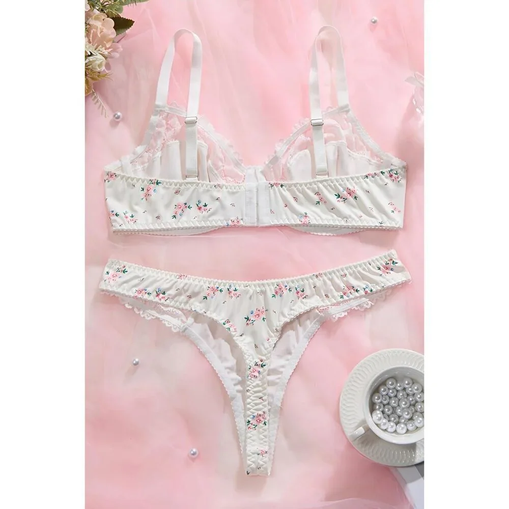 WOMEN'S White Floral Sexy Lace Push Up Bra & Babydoll Nightwear Lingerie Set